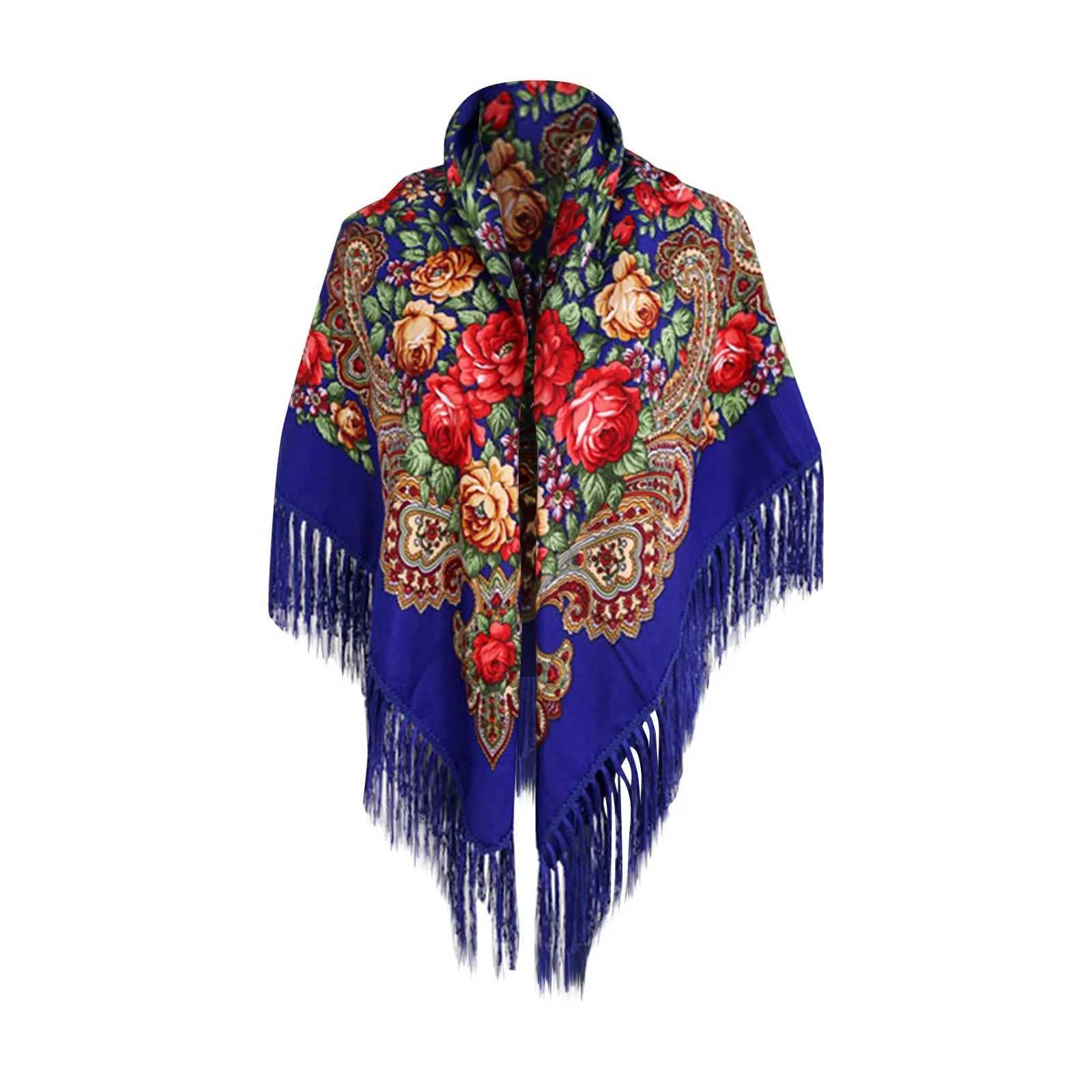 135135cm Russian National Square Scarf Women Luxury Floral Print Ukrainian Fringed Shawl Babushka Handkerchief Head Wraps J251118