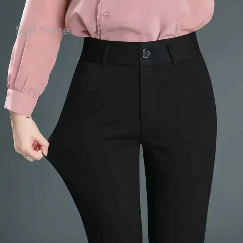Spring Autumn Casual Button Elastic Mid Waist BlackNavy Blue Straight Trousers Office Lady Quick Drying Suit Pants FemaleT251022