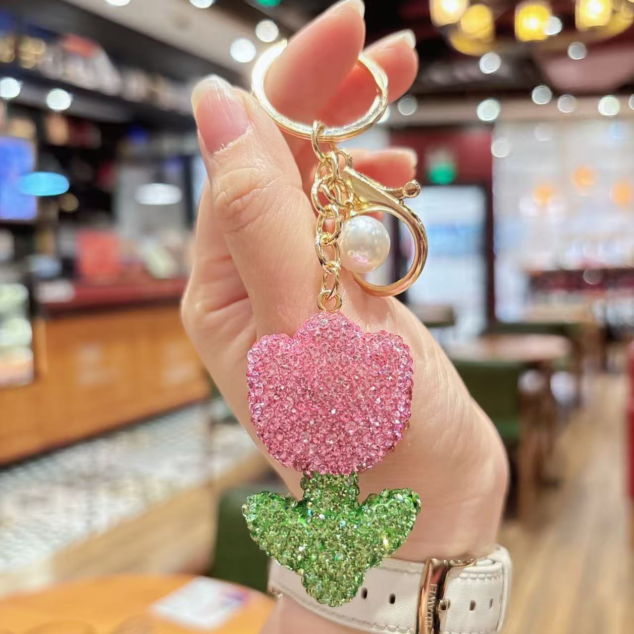 full ceramic tulip keychain fashionable personalized Inlaid diamond flower bag pendant couple gift