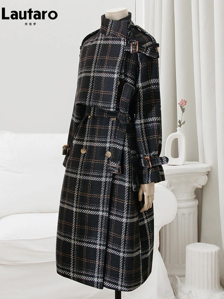 Lautaro Autumn Winter Long Loose Warm Plaid Wool Blends Trench Coat for Women Raglan Sleeve Belt Double Breasted Woolen Overcoat 251021