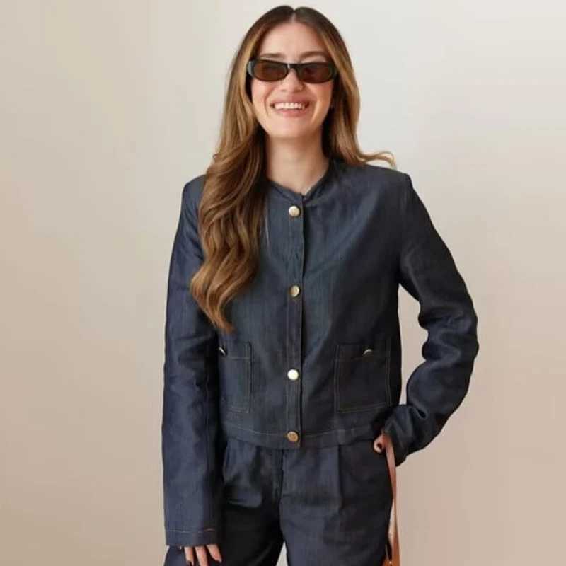 HXAO Woman 2025 Denim Pant Sets Womens Two Pieces Set Elegant Crop ONeck Coat Suit Set 2 Piece Woman High Waist Trousers SetsT251022