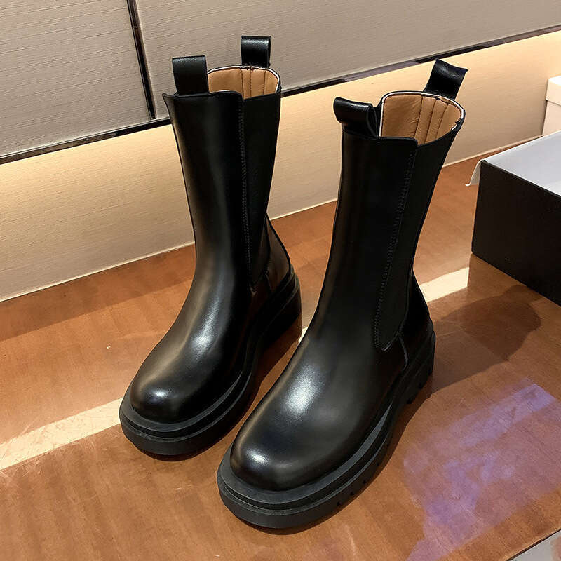 Free Shipping Slim Single for Women 2025 New Mid-Calf Ins Trend Martin Short Autumn Black Thick-Soled Chelsea Boots