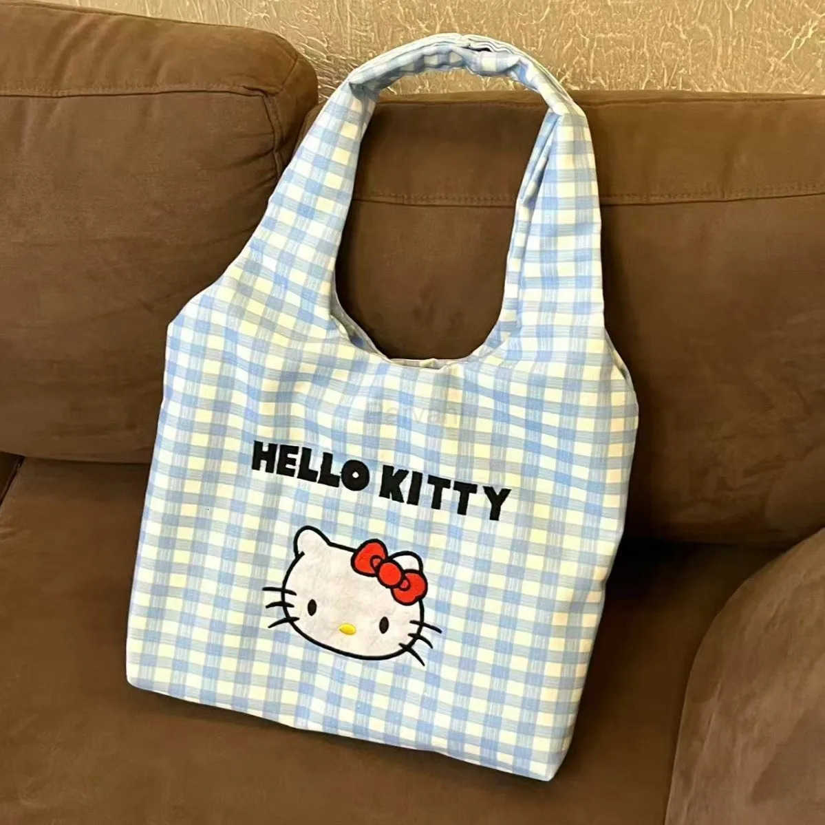 Sanrio Cute Hello Kitty Shoulder Bag Oversized Cotton Canvas Tote For Girls Fashion Kawaii Shopping Bag With Adorable Cat Print L251022