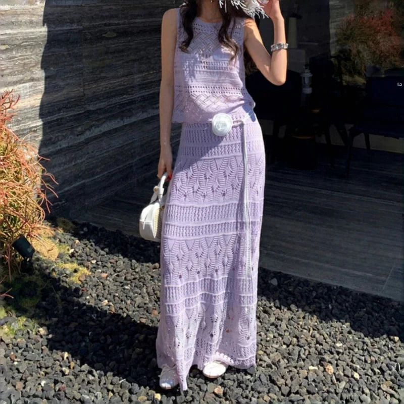 Summer Korean Knitted Lace Hollow out Vest Set Pure Desire Long Skirt Two Piece Set Floor Length Evening Gown 251020