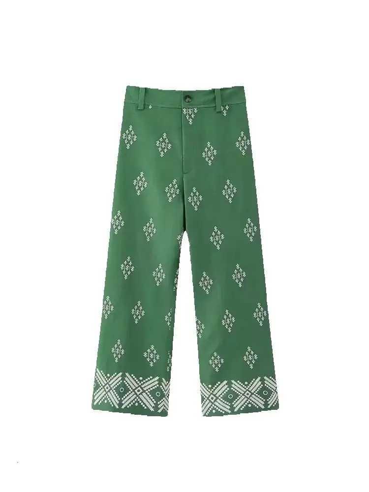 Womens Contrast Embroidery Linen Straight Pants High Waist Zipper Fly Female Ankle Trousers Chic FashionT251022