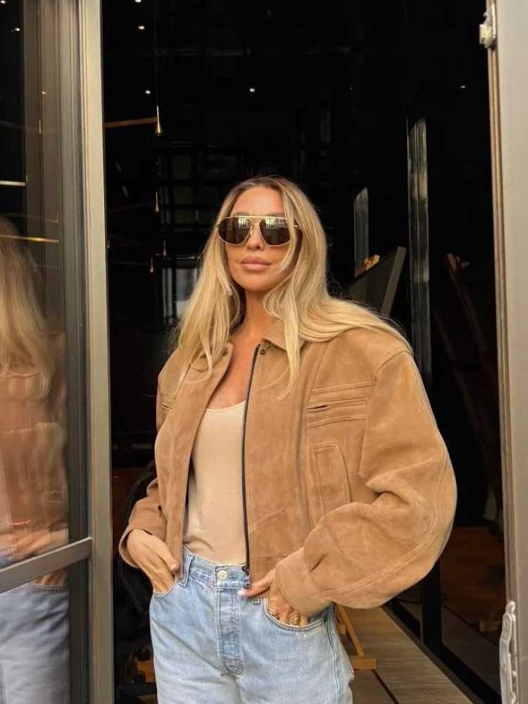 Full Sleeve Zipper Cropped Suede Jacket Women Casual Lapel Pocket Loose Thin Coat 2025 Autumn Lady Highstreet Commute Outwear Y251105