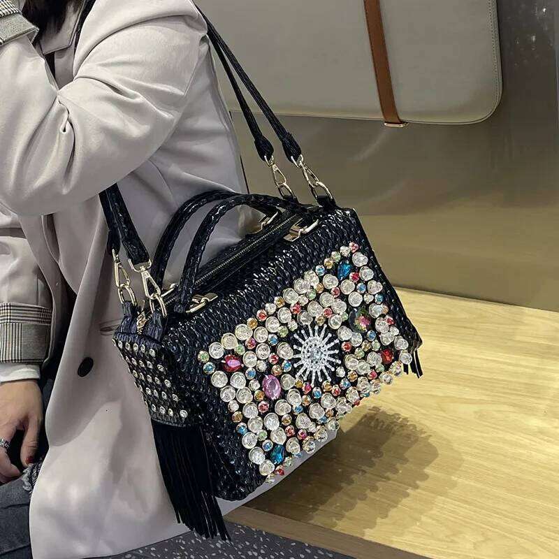 New Brand Women's Handbag Genuine Leather Tassel Fashion Rhinestone Large Capacity Female Shoulder Crossbody Bags