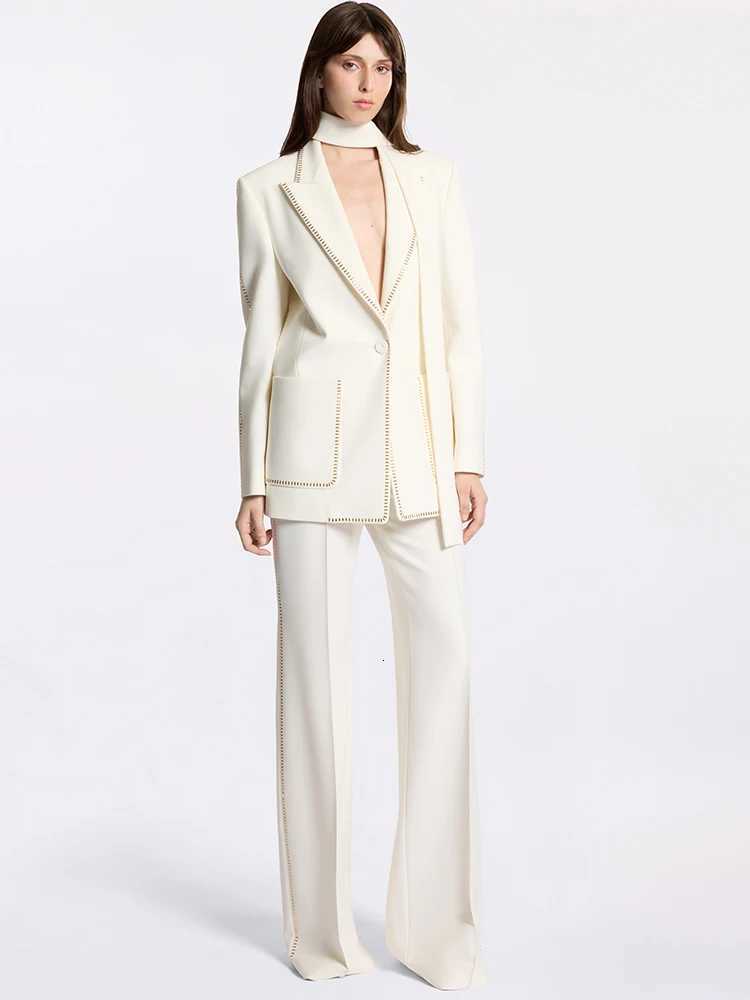 HIGH STREET Newest Fashion 2024 Designer Suit Set Womens Beading Belted Single Button Blazer Pants Set 2pcsT251022