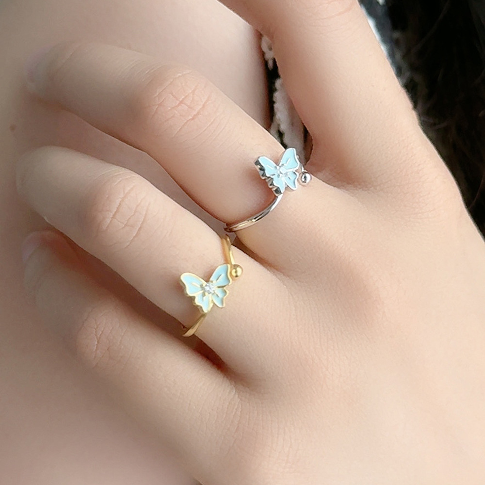 TaiYang NEW S925 Sterling Silver Enchanted Butterfly Ring, Ethereal Blue Fluorescent Floral Adjustable Open Band for Women