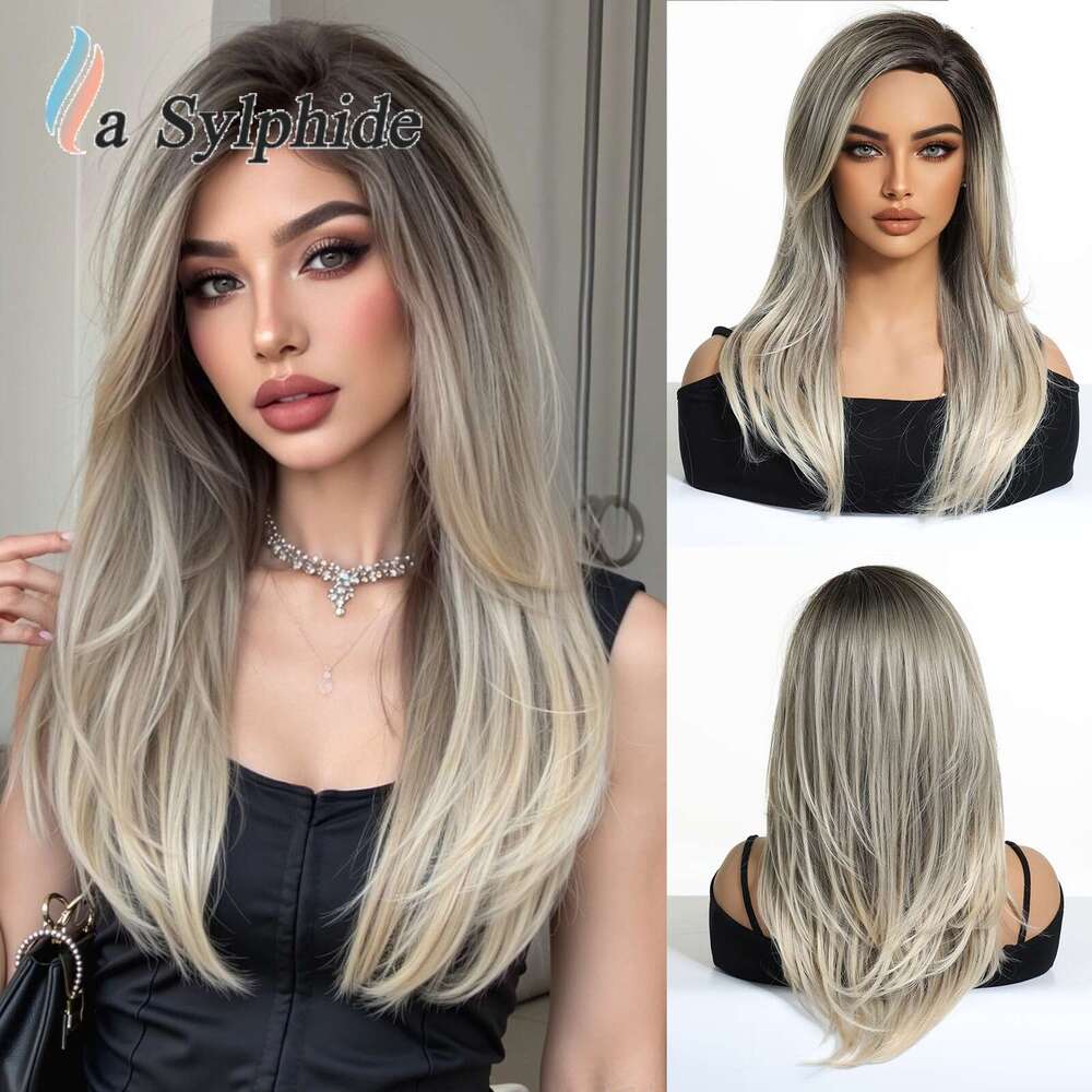Full Wig Dark Brown Side Part Long Straight Matte High Temperature Fiber Age-Reducing High-Layered Collarbone Hair