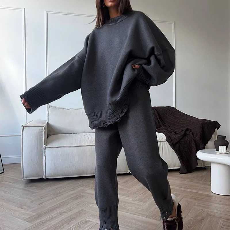 Elegant Oneck Pullover Long Pant Sweater Outfits Women Casual Long Sleeve Loose 2 Piece Suit Fashion Ripped Knitted Solid SetT251022