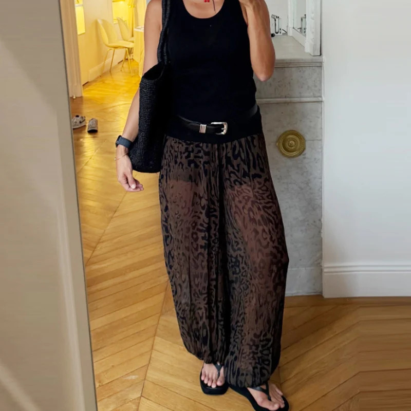 HXAO 2025 Womens Pants Animal Print Wide Pants Autumn Ladies Vintage Baggy Lantern Trousers Y2K Pleated Oversize Wide Leg Pants 251022