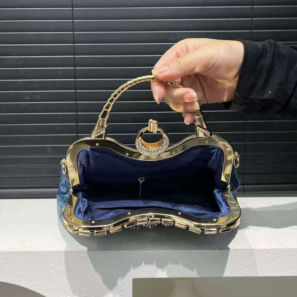 Women's Elegant Y2k Street Style Blue Floral Rhinestone Bag With Detachable Strap & Clasp Closure - Versatile For Work, Commuting, Dating, Partie