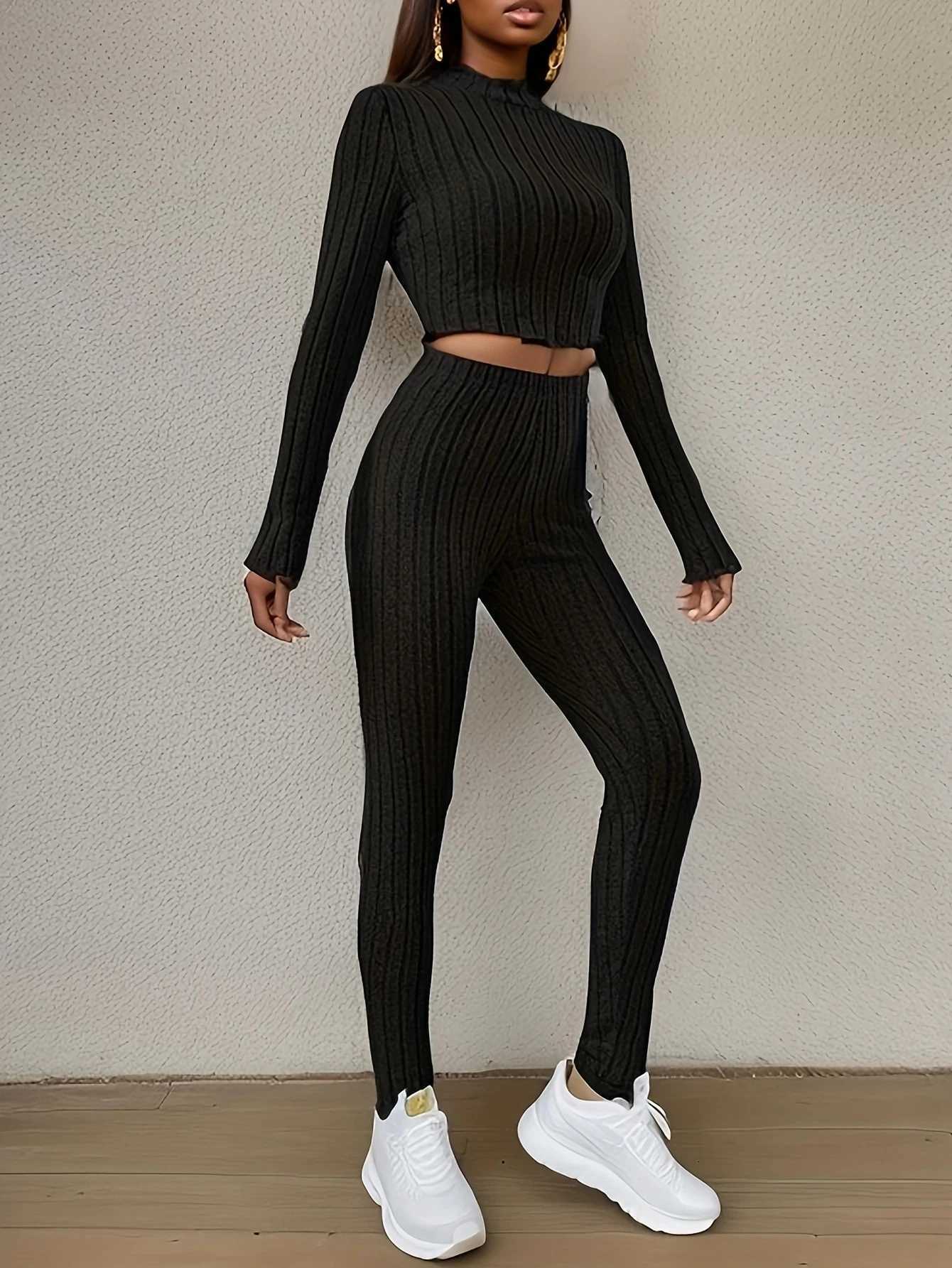 Casual Ribbed Twopiece Set Lettuce Trim Mock Neck Long Sleeve Top Elastic Waist Pants Outfits Womens ClothingT251022