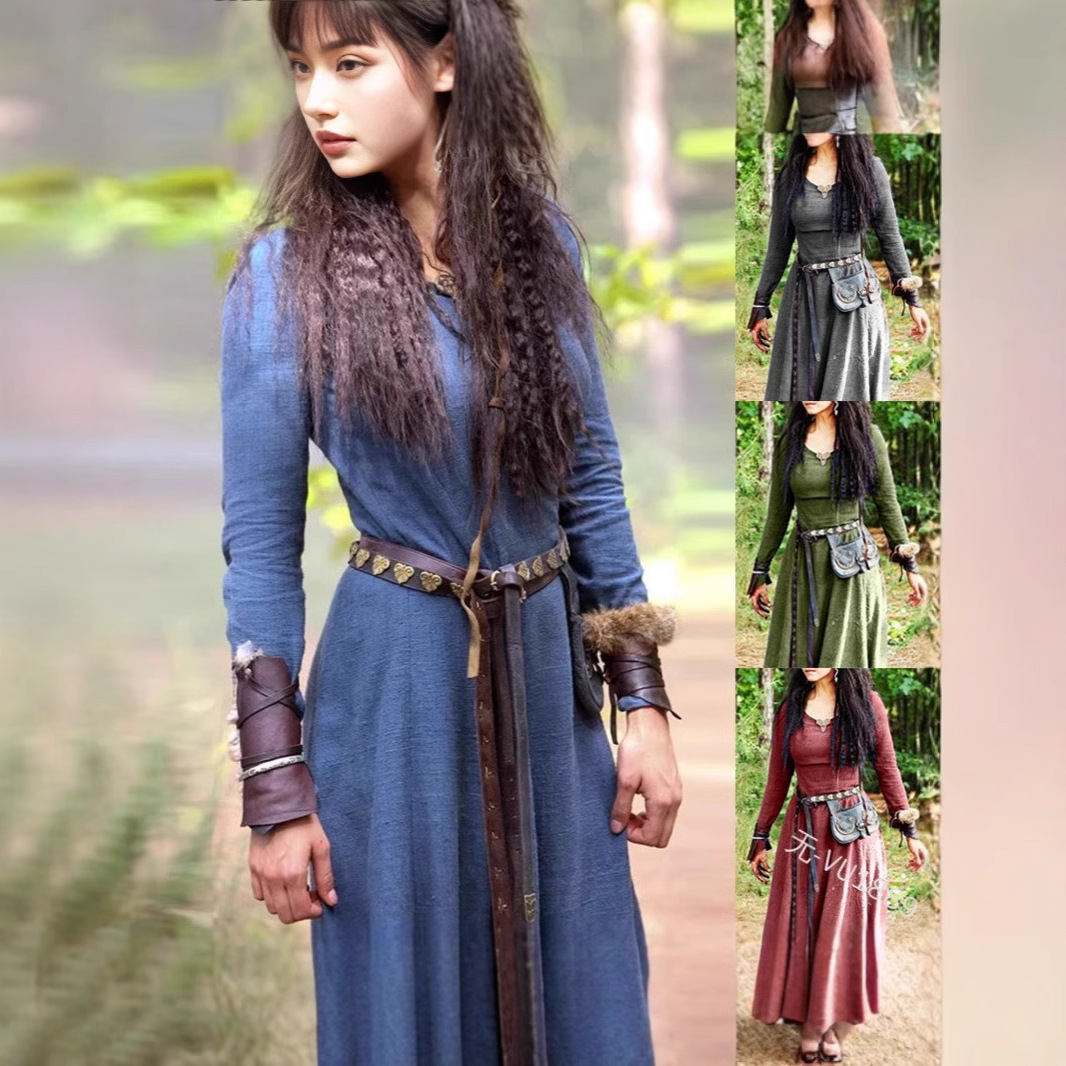 European and American designers fashion retro round neck long sleeved slim fit dress, Renaissance women's long role-playing performance clothing