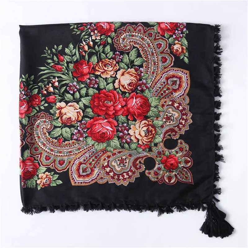 9090cm Knot Tassel Russian Style Floral Print Square Scarf Women Traditional UKrainian Polish Shawl Babushka Bandana Head Wraps J251118