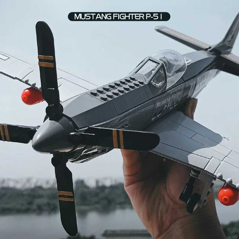 Military USA P51 Mustang Fighter Jets Model Building Blocks Technical Aircraft Airplane MOC Weapons Bricks Toys for Adult Gifts J251022