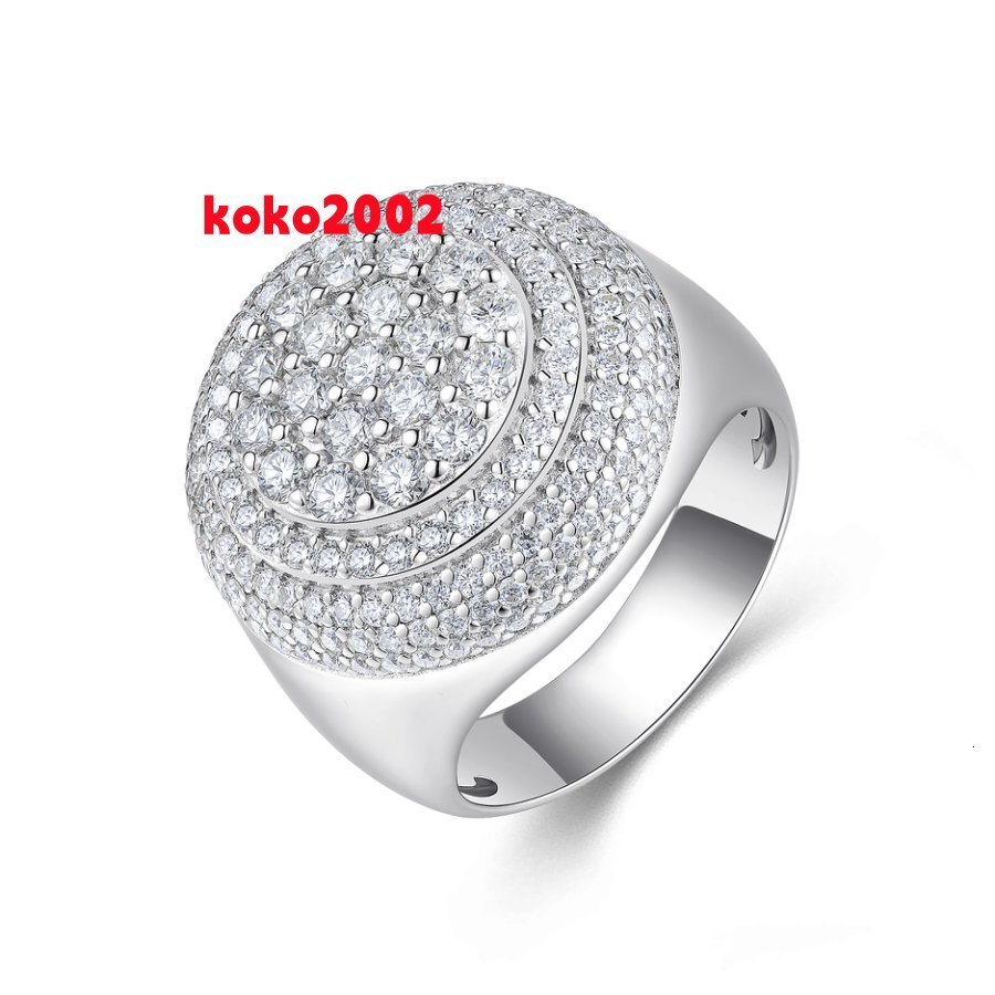 Mens Womens 925 Silver Platinum Plated Full Iced out Moissanite round Ring Hip Hop Style Statement Jewelry Accessory