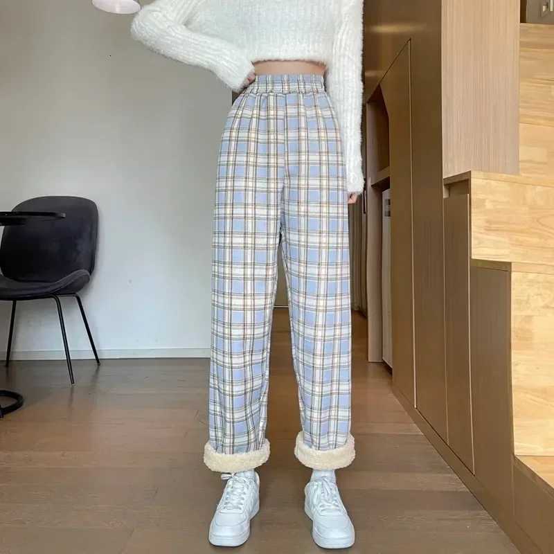 2025 Fashion Warm Plush Pants Cashmere Thick Plaid Ladies Winter Casual Loose Widelegged Pants Korean Streetwear StudentsT251022