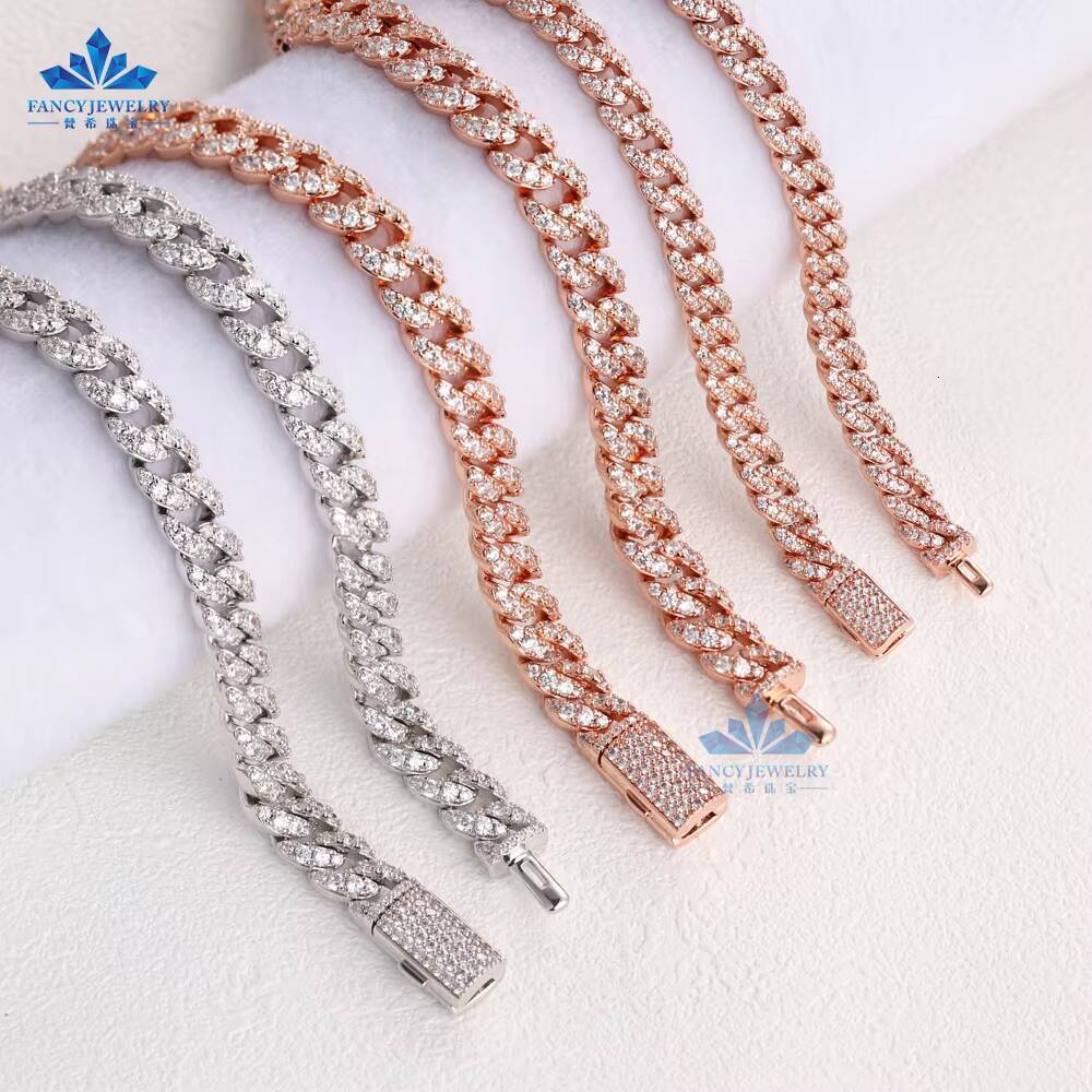 White Gold Rose Gold Plated Full Setting Diamond Miami Cuban Chain 925 Silver 6mm 1rows Moissanite Diamond Chain for Men