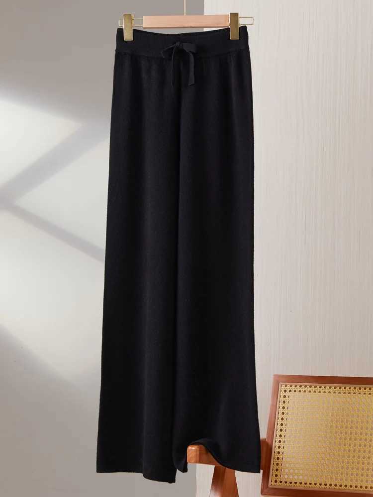2025New Women100Merino Wool Knitted Wide Leg Pants Autumn Winter Basic Soft Warm Cashmere Knit Trousers Casual Drawstring StyleT251022
