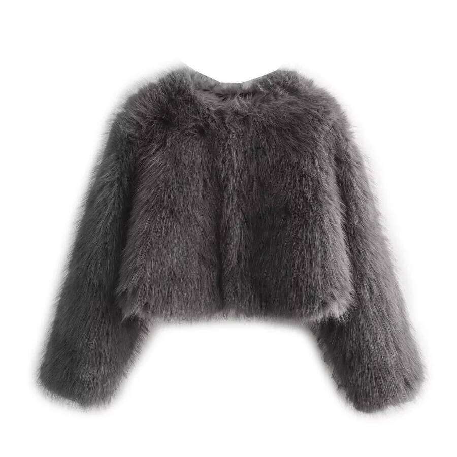 fur jacket 2025 Fall/Winter New Fashion Women's Faux Fur Effect Round Neck Long Sleeve Short Jacket