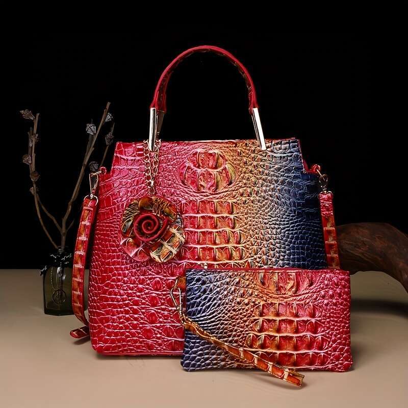 2Pcs Crocodile Print Handbag Set Fashionable Vintage Style, Multi-Functional Top Handle Crossbody, Business Clutch & Coin Purse - Spacious, Secure, Id