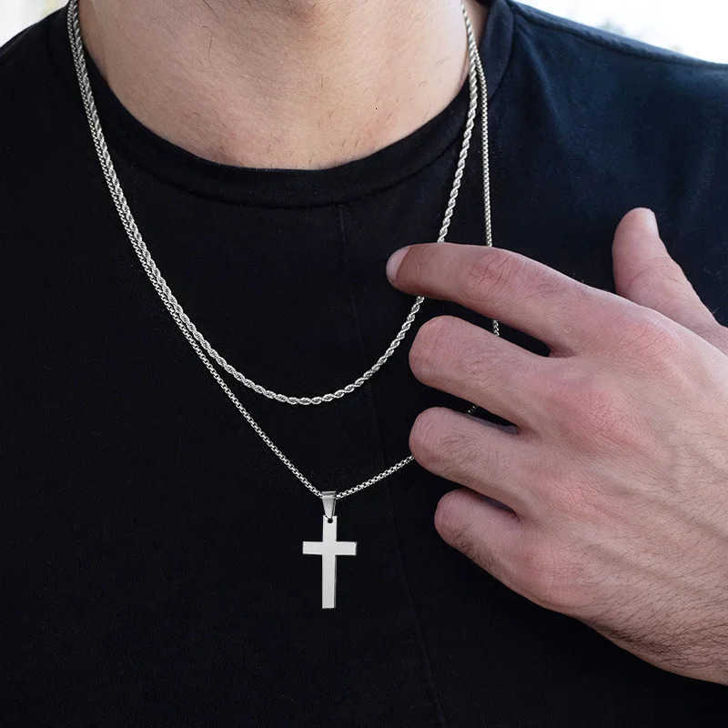 Waterproof Cross Necklaces for Men Male Gifts Jewelry Anti Allergy Stainless Steel Plain Cross Pendant with Rope Chain U251022