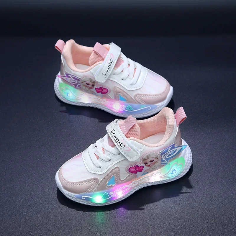 Disney Kids LED Sport Shoes Frozen Elsa Running Shoes Fashion Children Tennis Shoes Girls Luminous Casual Sneakers Basket Shoes H251022