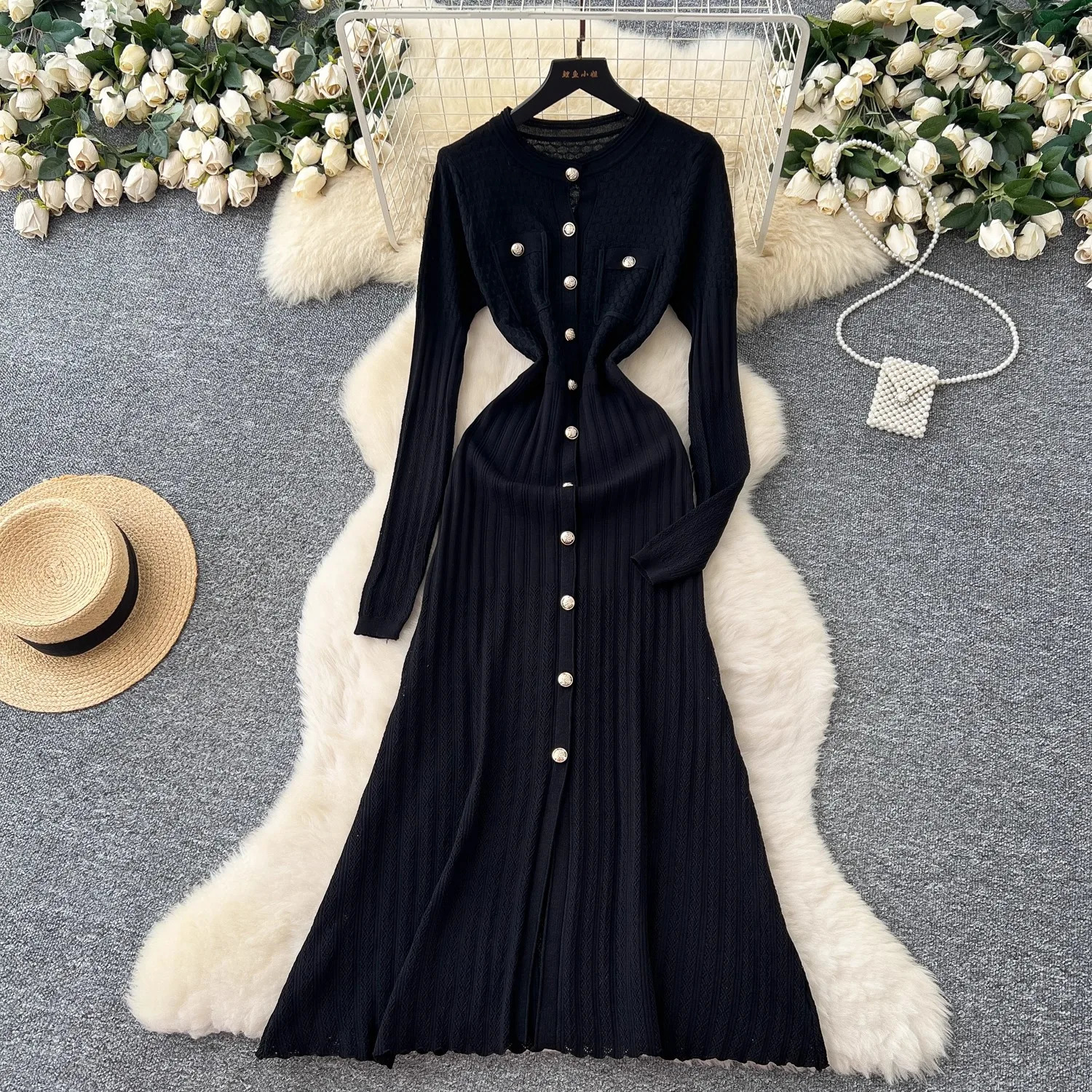 YuooMuoo Fashion Aesthetic Patchwork Knitted Maxi Dress Autumn Winter Women Shirt Sweater Dress Office Lady Vestido 251020