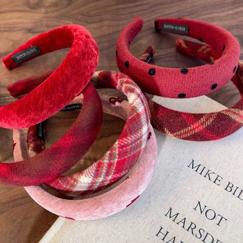Retro Red Sweet Wool Headbands for Woman Girl Temperament Hair Hoop Sponge Wide Hair Band Female Christmas Hair Accessories Gift V251022