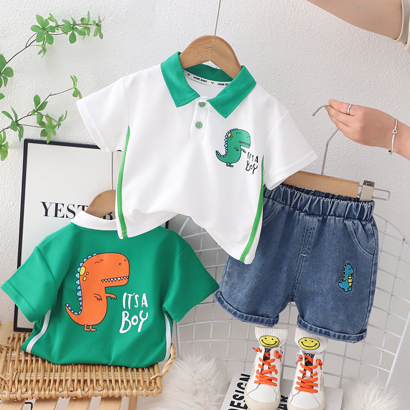 Free Shipping Dinosaur Print Boys 2-Piece Set, 2025 New Polo Shirt and Shorts Outfit, Summer Sports Clothes for Baby Boy