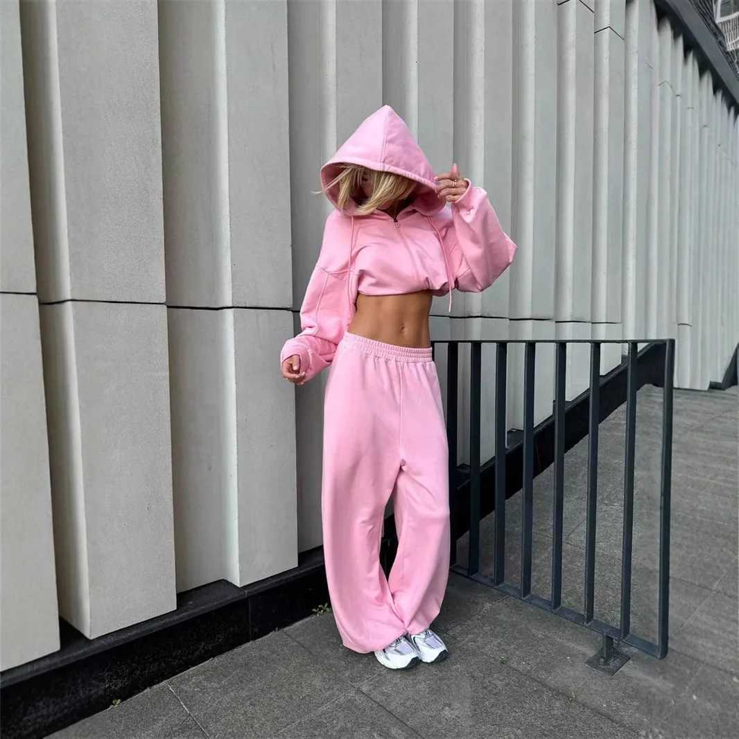 Pant Set Women Hoodies Two Piece Sets Hooded Matching Sets Zipper Tops Wide Leg Long Pants Tracksuit Work Y2k Jogger SweatshirtT251022