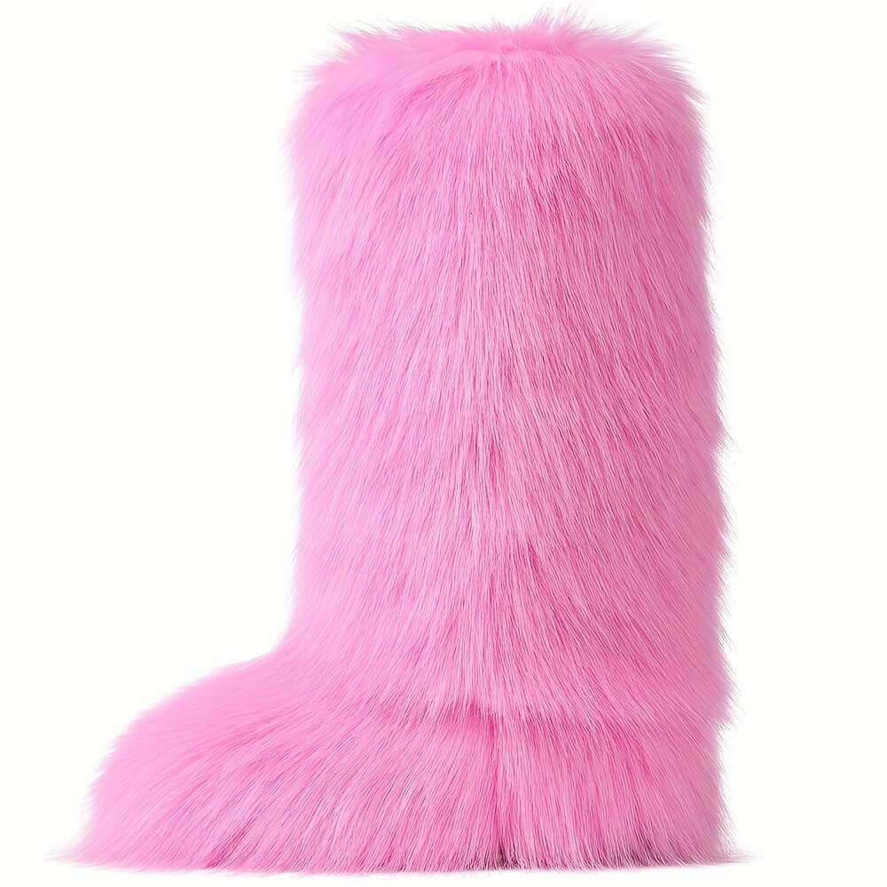 Stylish Women's Fluffy Faux Fur Round Toe Flat Heel Winter Outdoor Warm Knee High Boots