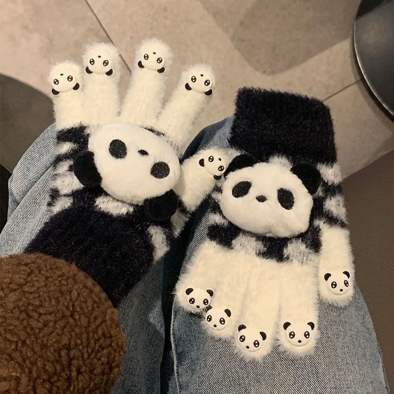 1 Pair Womens Winter Black White Y2K Kawaii Panda Knitted Gloves Open Toe Scratch Mobile Phone Texture Warm Lolita Gloves 251021