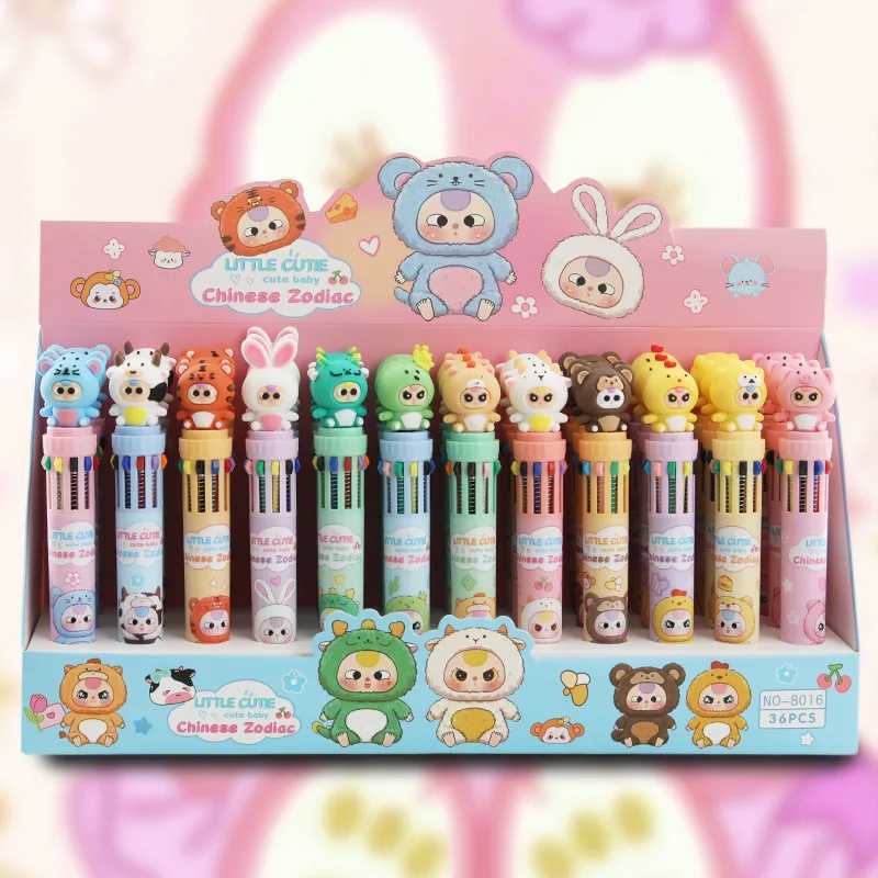 Baby Three 36pcs Ballpoint Pen Ten 10colorcartoon Set Creative Soft Rubber Shape 07mm Multicolor Pen Students Learn Stationery J251022