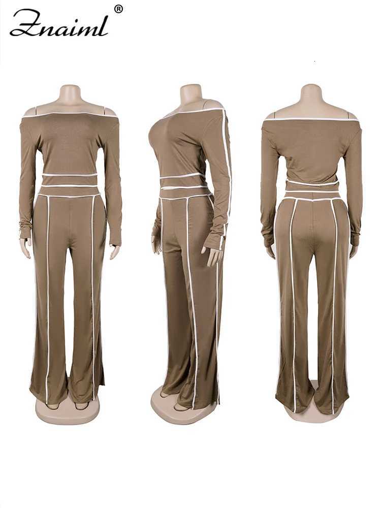 Znaiml Women Sporty Black 2Piece Set Casual Streetwear OffShoulder Crop Top with Full Sleeve High Waist Wide Leg Pants OutfitT251022