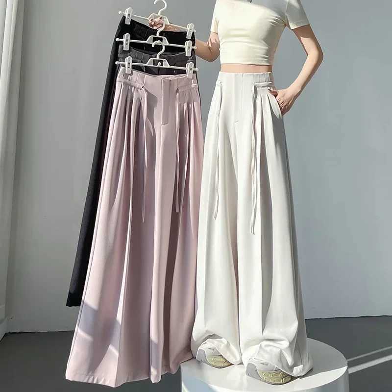 2025 New Spring Summer Laceup Loose Womens Wide Leg Full Length Pants High Waist Solid Female Elegant Straight Casual TrousersT251022