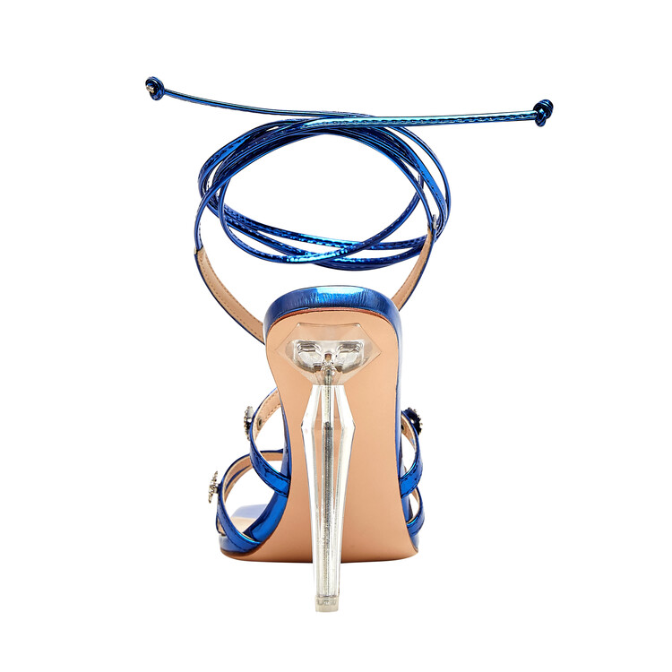 Chengdu Craftsmanship Rhinestone Stiletto Sandals 10.5cm Heel Open Toe Lace Up Evening Shoes Blue Gold