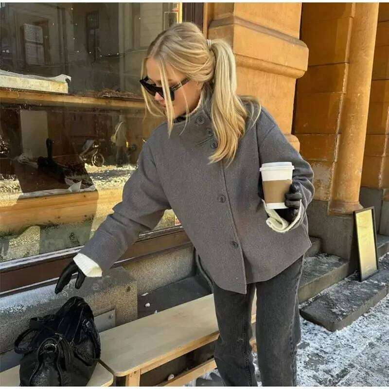 Women Fashion Stand Collar Woolen Jacket Single Breasted Long Sleeve Female Coat Autumn Chic Street Office Short Outerwears