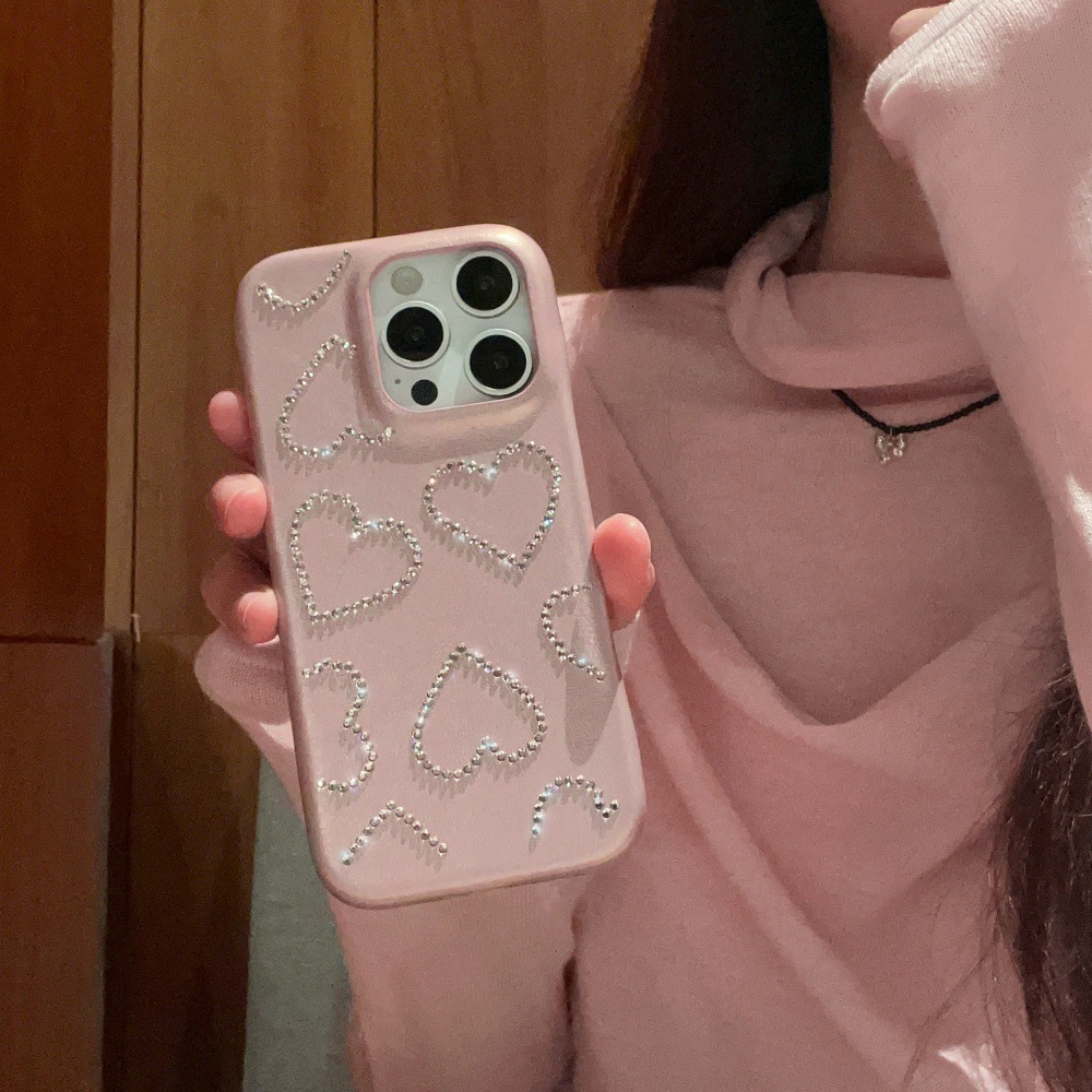 Ice Pink Heart Diamond iPhone Phone Case Compatible with iPhone 17/16 Pro Simple Solid Color 15/14P Protective Cover 13