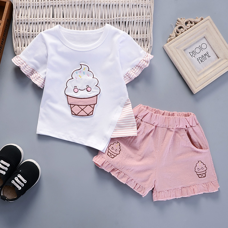 Girls Summer 2-Piece Set, Baby Short Sleeve Outfit, Cute Cotton Clothes for Infant Toddler and Kids