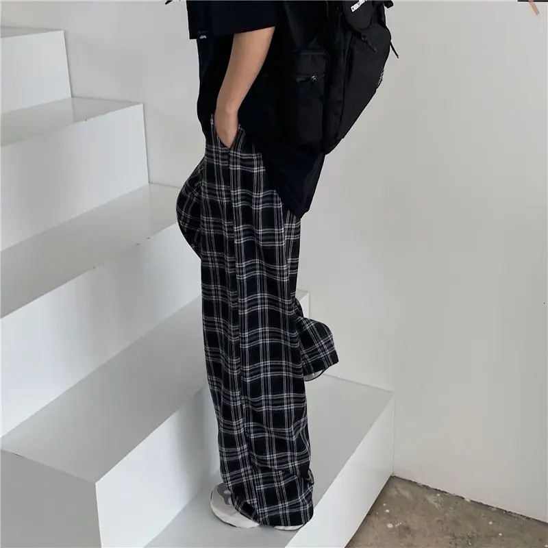 Black and Pink Plaid Pants Oversize Women Pants High Waist Loose Wide Leg Trousers Ins Retro Teens Straight Trousers Streetwear 251016