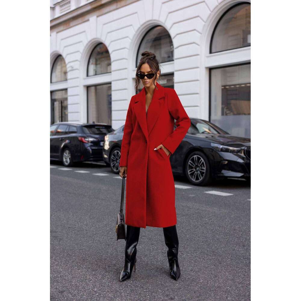 Womens Trench Winter Notched Lapel One Button Mid-Long Pea Coat Casual Work+Office Overcoats Jacket with Pockets