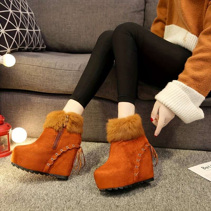 Women's Fashion Ankle Booties, Solid Color, Round Toe, Flat Heel, Fabric Upper, Inner & Insole, PVC Sole, With Faux Fur Trim, Hand Washable, For 