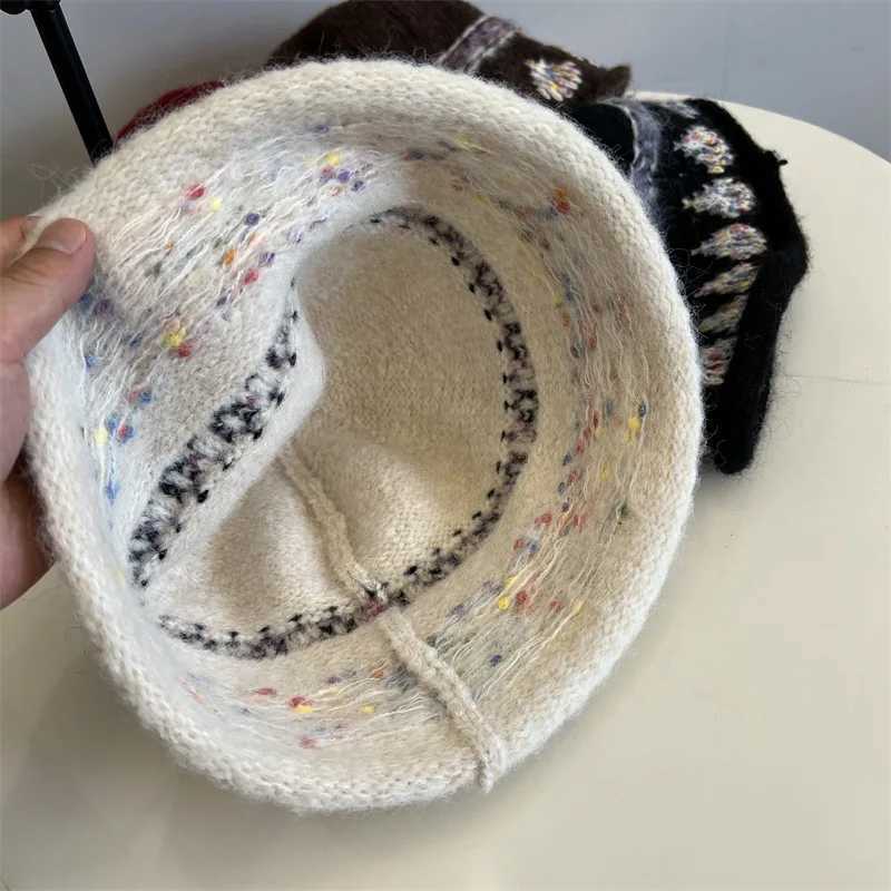 Korean Version Trendy Jacquard Knitted Bucket Hat Women Sweet Preppy style RolledBrim Beanie Female Autumn Winter J251022