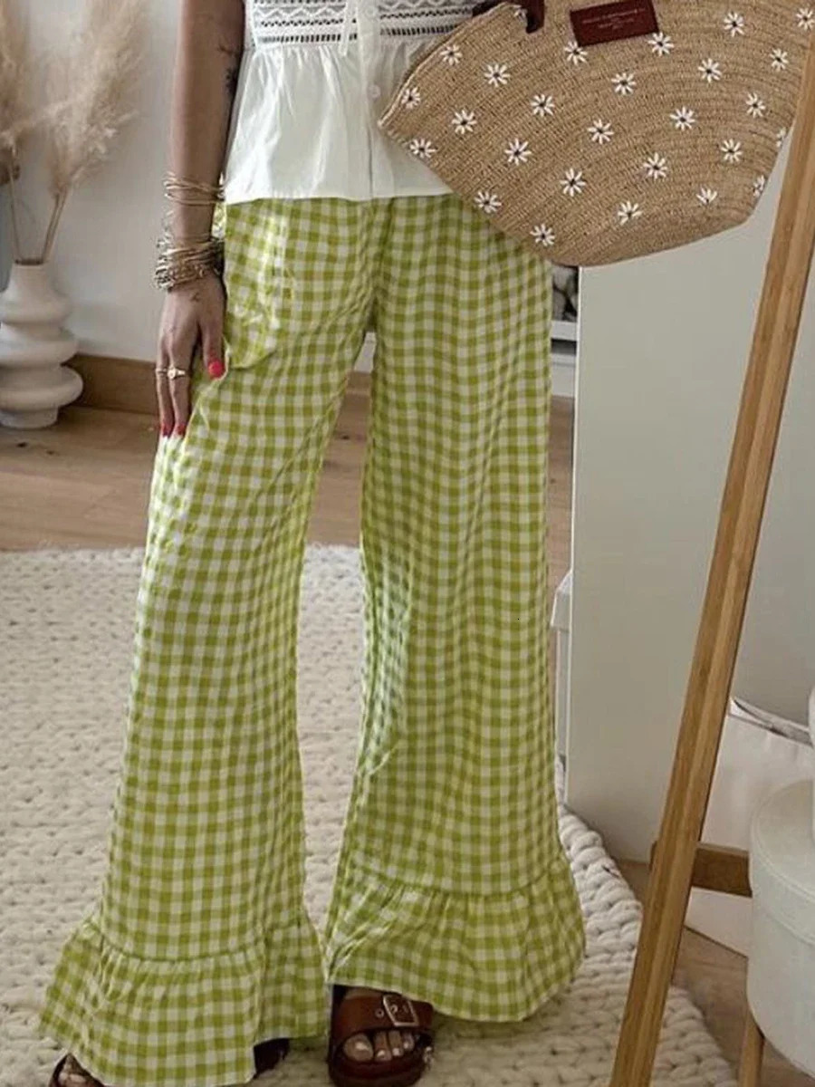 Fashion Plaid Flared Pants Women y2k Vintage Ruffle Hem Pleated High Waist Pants Summer Straight Leg Holiday Trousers 251016