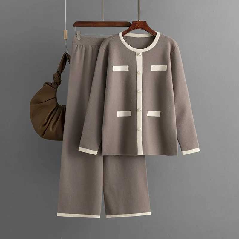 HLBCBG Autumn Casual Sweater Knitted Suits O Neck Loose PulloverSolid Wide Legs Long Pants Women Streetwear Knitted SetsT251022