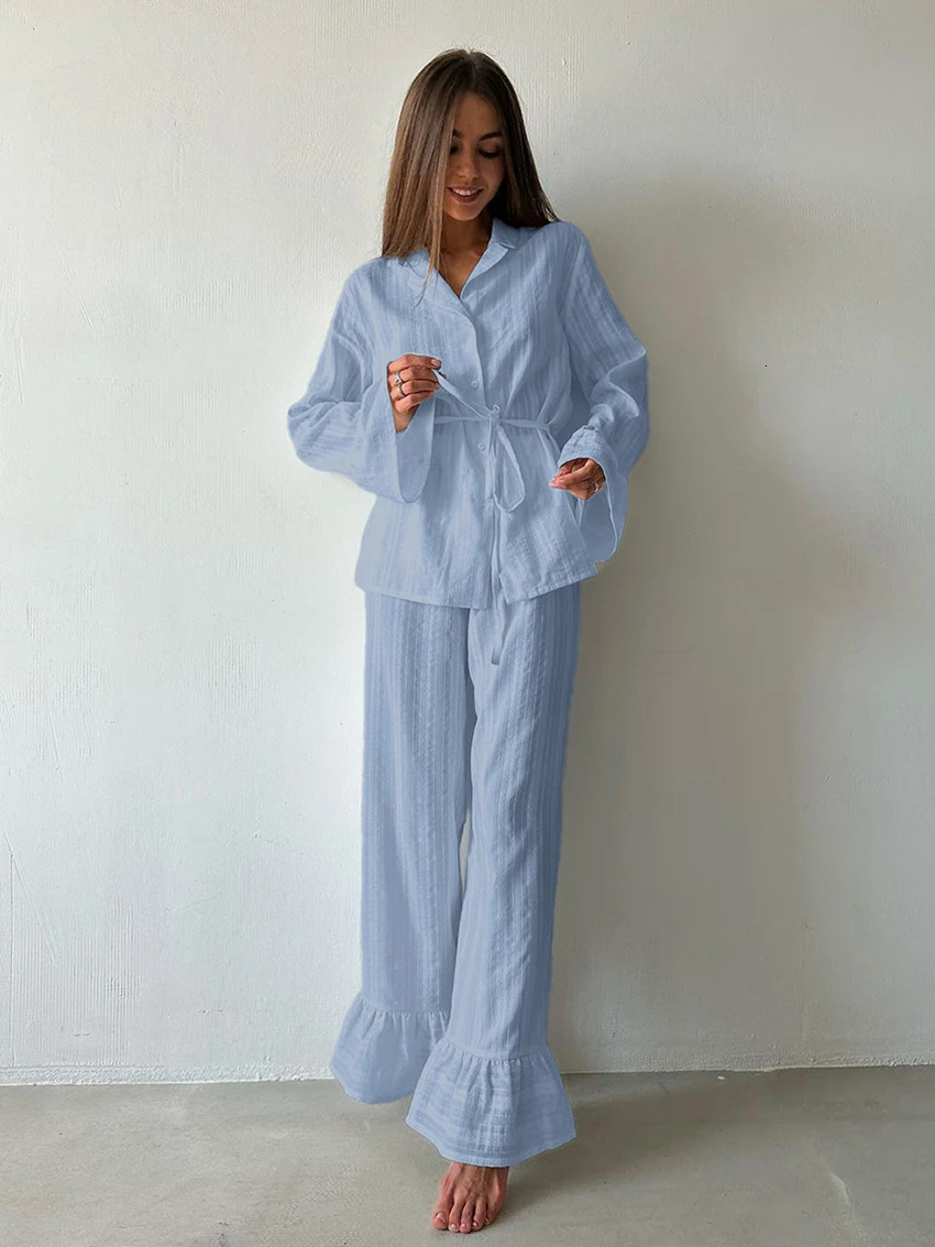 Marthaqiqiq Casual Women Nightgown 2 Piece Suit Long Sleeve Nightwear TurnDown Collar Sleepwear Pants Loose Home Clothes Ladies 251022