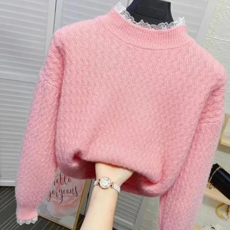 Autumn Winter Round Neck Screw Thread Long Sleeve Womens Clothing Pullover Lace Patchwork Solid Color Sweater Knitted Tops 251016